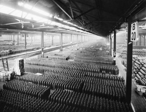 Shells awaiting filling with explosives in a store of the National Shell Filling Factory at Chilwell, Nottinghamshire, 21 November 1916.