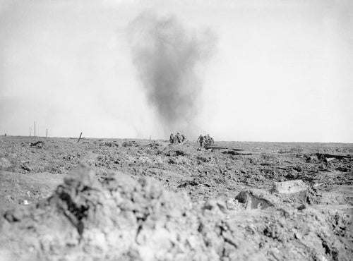 Carrying wounded across the battlefield under shell fire, Battle of Ginchy, Somme, 1916.