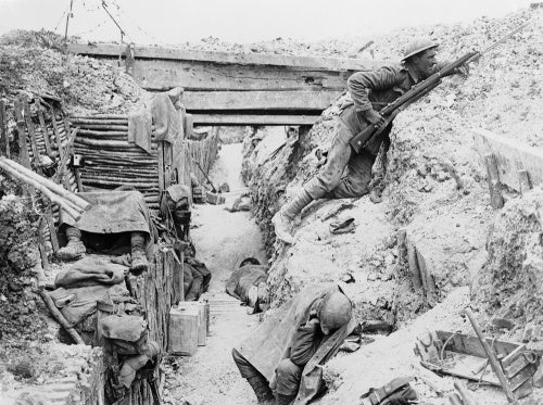 Soldiers of 'A' Company, 11th Battalion, the Cheshire Regiment, occupy a captured German trench at Ovillers-la-Boisselle on the Somme.