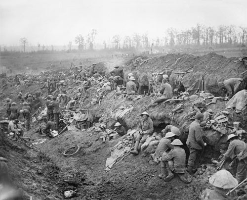 Troops outside their dug-outs in Bazentin-le-Petit, Somme, July 1916.