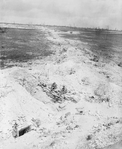 Old German trench occupied by British troops. View from Albert-Pozieres road over Ovillers, Somme, September 1916.