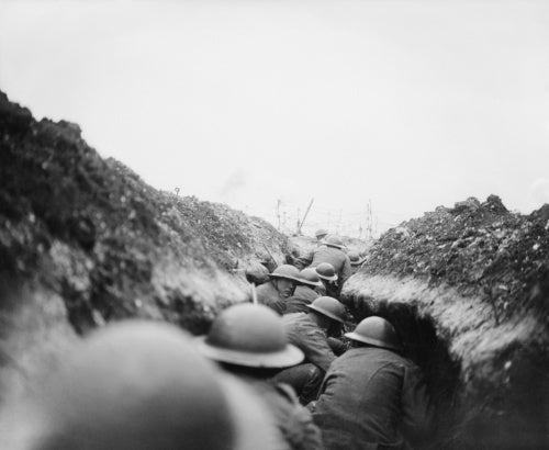 A raiding party of the 10th Battalion, Cameronians (Scottish Rifles) waiting for the signal to go. John Warwick Brooke, the official photographer, followed them in the sap, into which a shell fell short killing seven men. Near Arras, 24 March 1917.