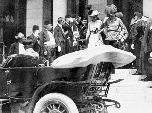 Archduke Franz Ferdinand of Austria and his wife descend the steps of the City Hall, Sarajevo to their motor car, a few moments before their assassination.