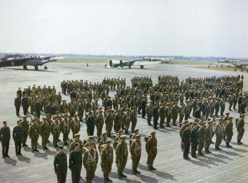 Paratroops on parade outside a hangar at No 1 Parachute Training School, Ringway, Manchester.